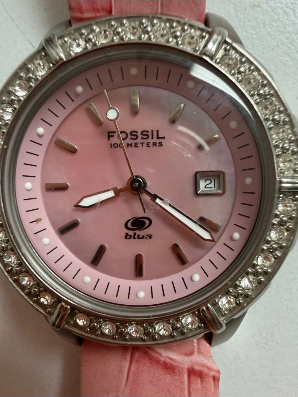 Fossil Pink Crystal-Bezel Ladies Watch with Croc-Embossed Strap